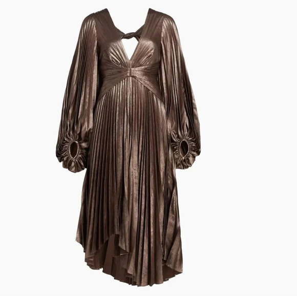 Acler Palms Pleated Satin Midi-Dress Coffee Metallic - Picture 4 of 6